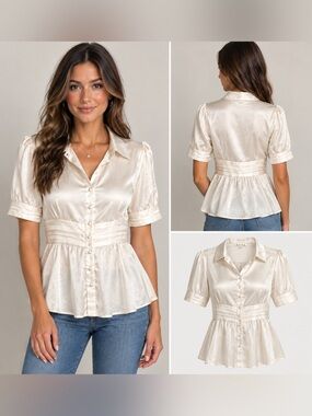 GAALA Satin Peplum Button-Down Blouse in Cream